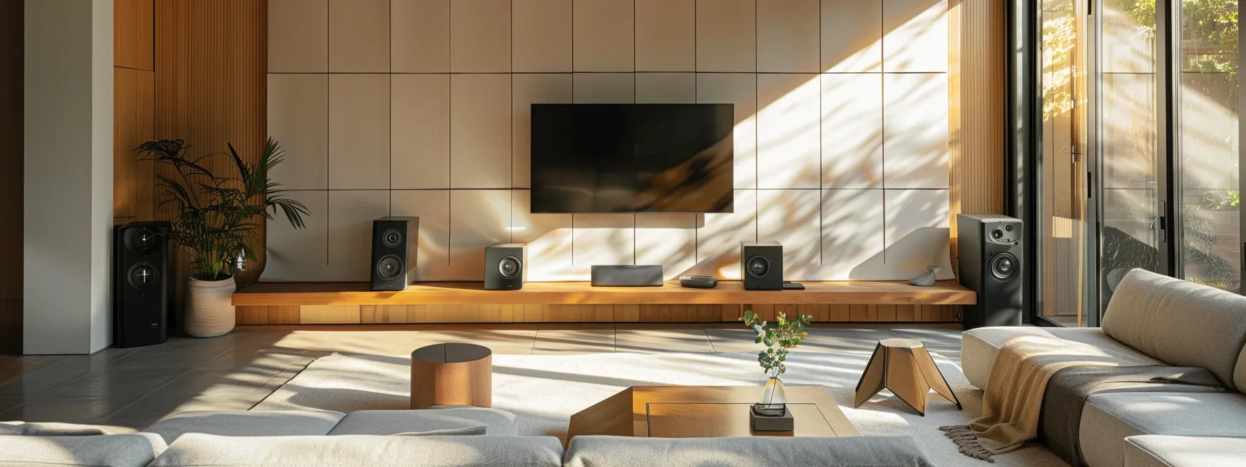 a modern living room with sleek acoustic panels on the walls and soundproof insulation materials, creating a serene and noise-free environment.