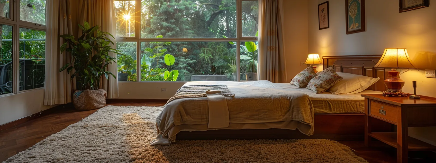 a tranquil bedroom filled with plush carpeting and soft furnishings in bangalore, showcasing ideal acoustic conditions for relaxation.