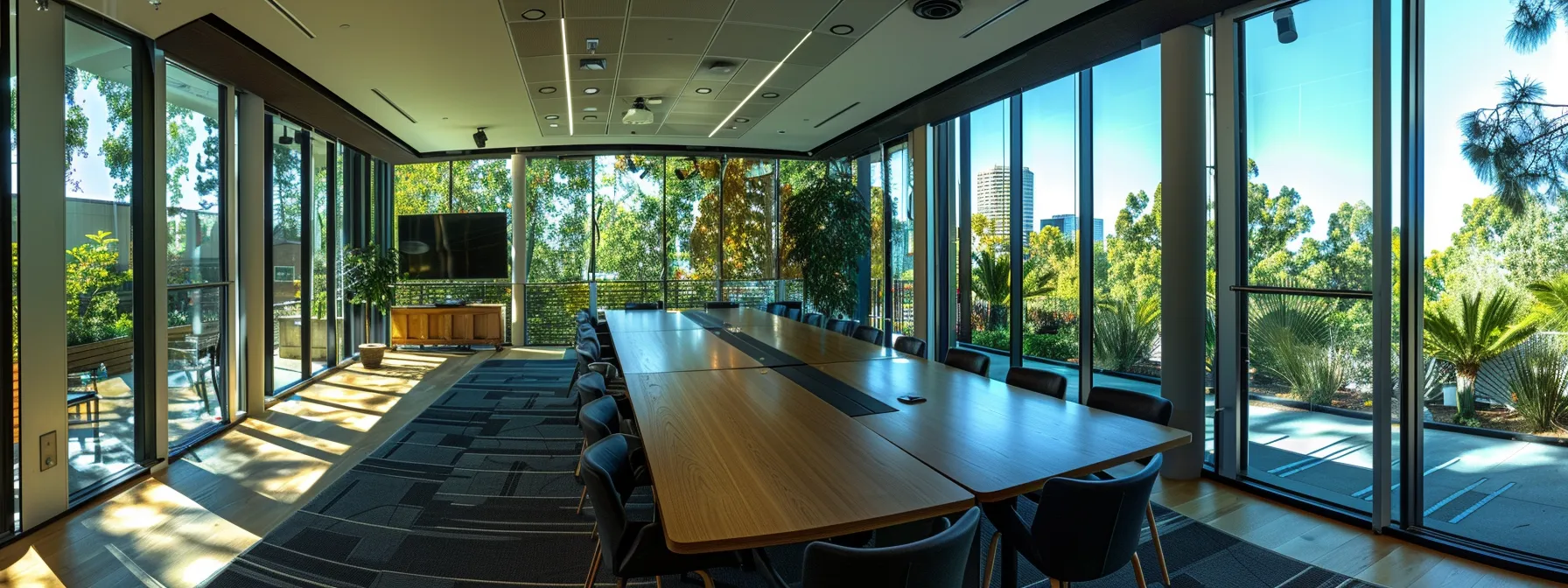 a conference room with soundproof doors and windows, mass-loaded vinyl, and acoustic insulation, creating a quiet and clear audio environment.