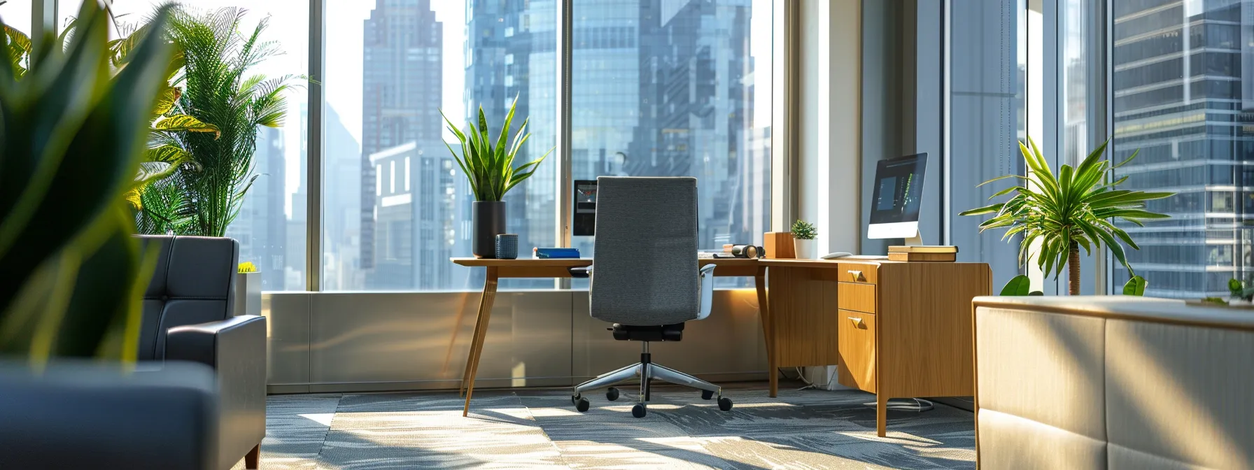 a serene office space with soundproofing materials like insulated windows and soft upholstery, featuring a designated quiet zone for focused work.