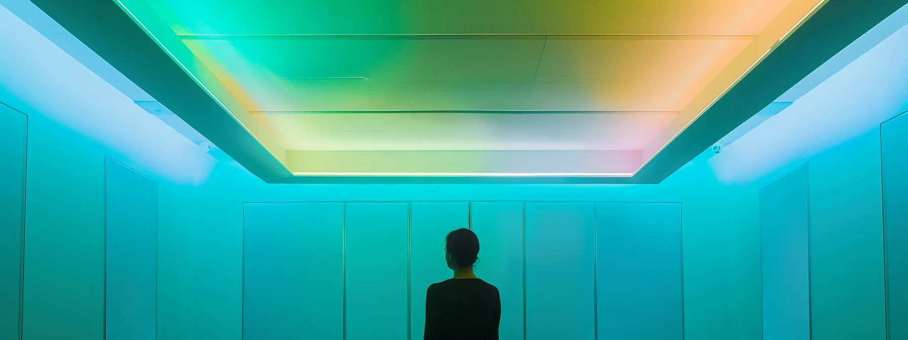 a person standing in a serene, soundproof room surrounded by soft, calming hues of blue and green, with acoustic panels on the ceiling enhancing the peaceful atmosphere around them.