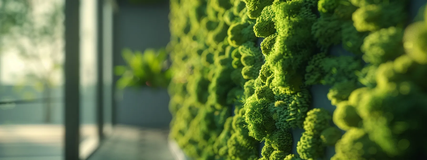 a close-up shot of vibrant green reindeer moss covering a modern, minimalist interior wall, illustrating its role in biophilic design.