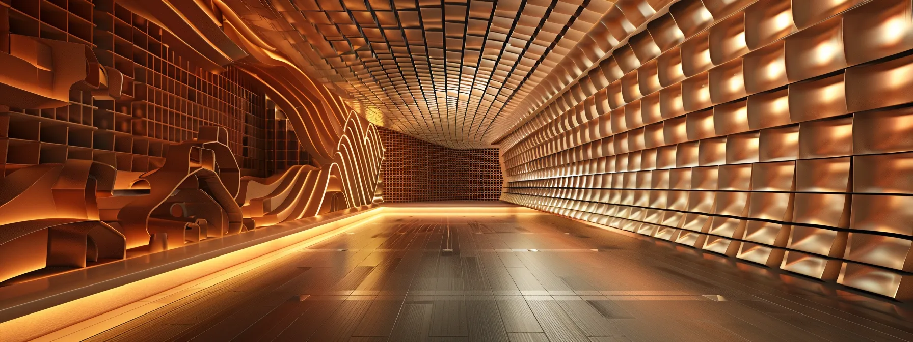 a futuristic sound chamber filled with dynamic, immersive soundscapes created by advanced acoustic engineering and interactive systems.