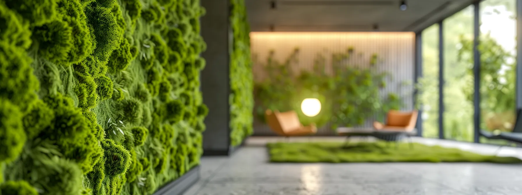 a lush green wall covered in soft, velvety reindeer moss seamlessly blending nature with modern interior design.