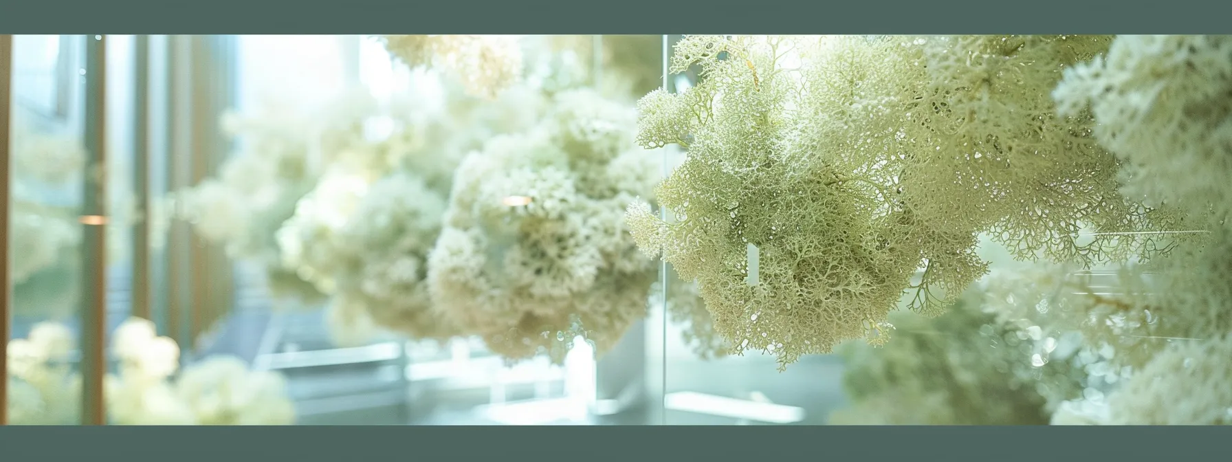 a lush, thriving reindeer moss installation gracefully adorns a modern interior space, embodying sustainability and care in biophilic design.