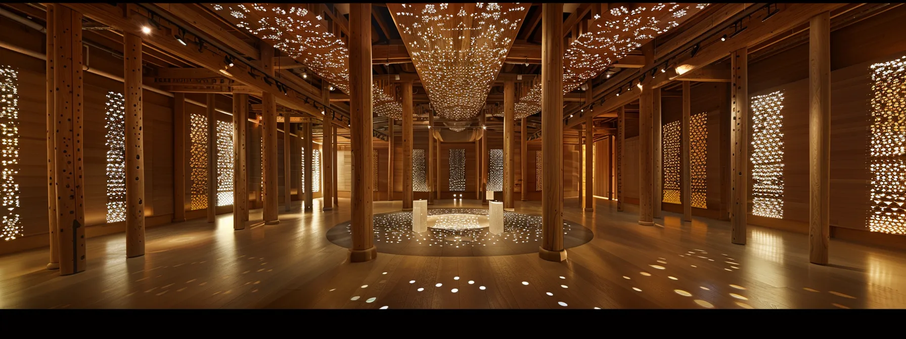 a mesmerizing sound installation envelops a dimly lit gallery, with intricate wood-based structures creating a symphony of visual and auditory experiences.