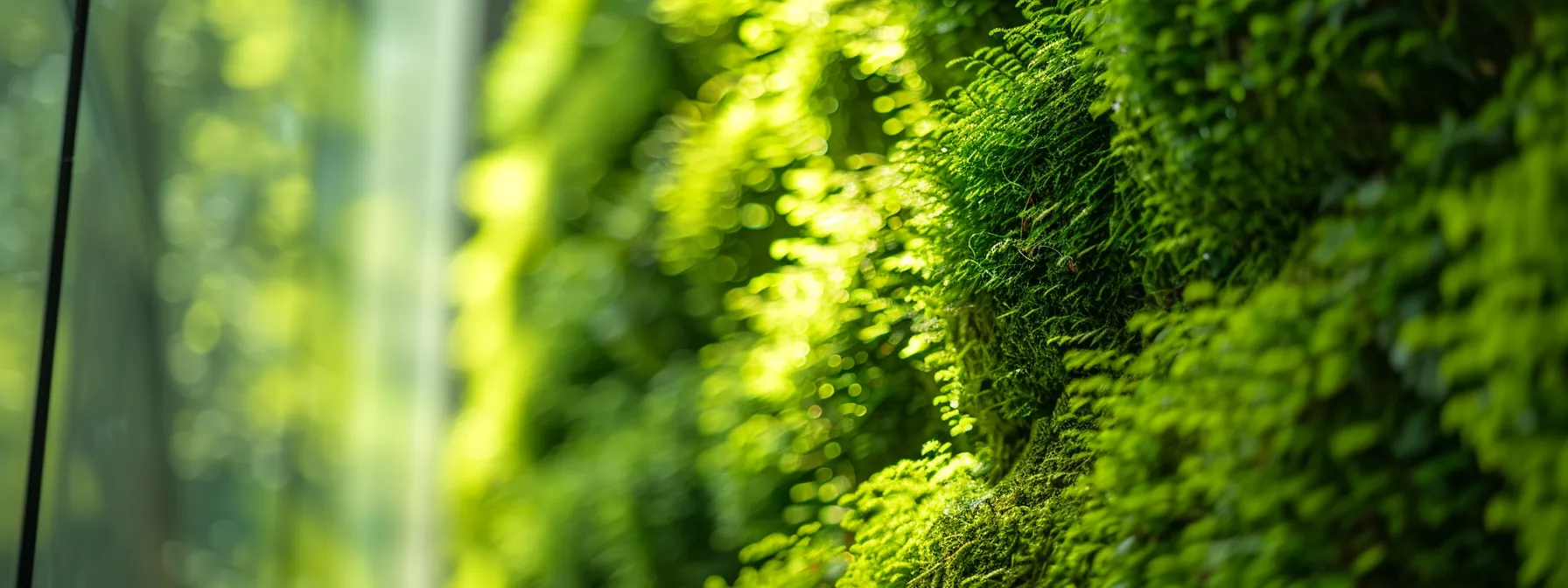 a moss-covered wall in a modern, open-plan office space, showcasing the natural sound-absorbing properties of reindeer moss.