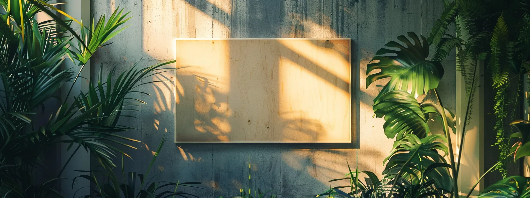 a pristine, dust-free beveled acoustic panel hanging elegantly on a wall, gleaming in the sunlight, surrounded by vibrant green plants.