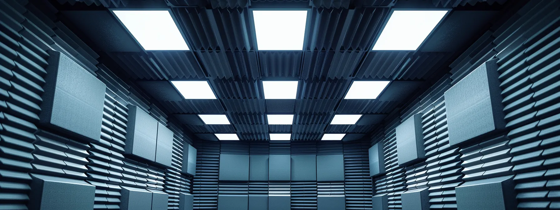 a room filled with sound panels on the ceiling, creating a visually striking transformation of the acoustic environment.