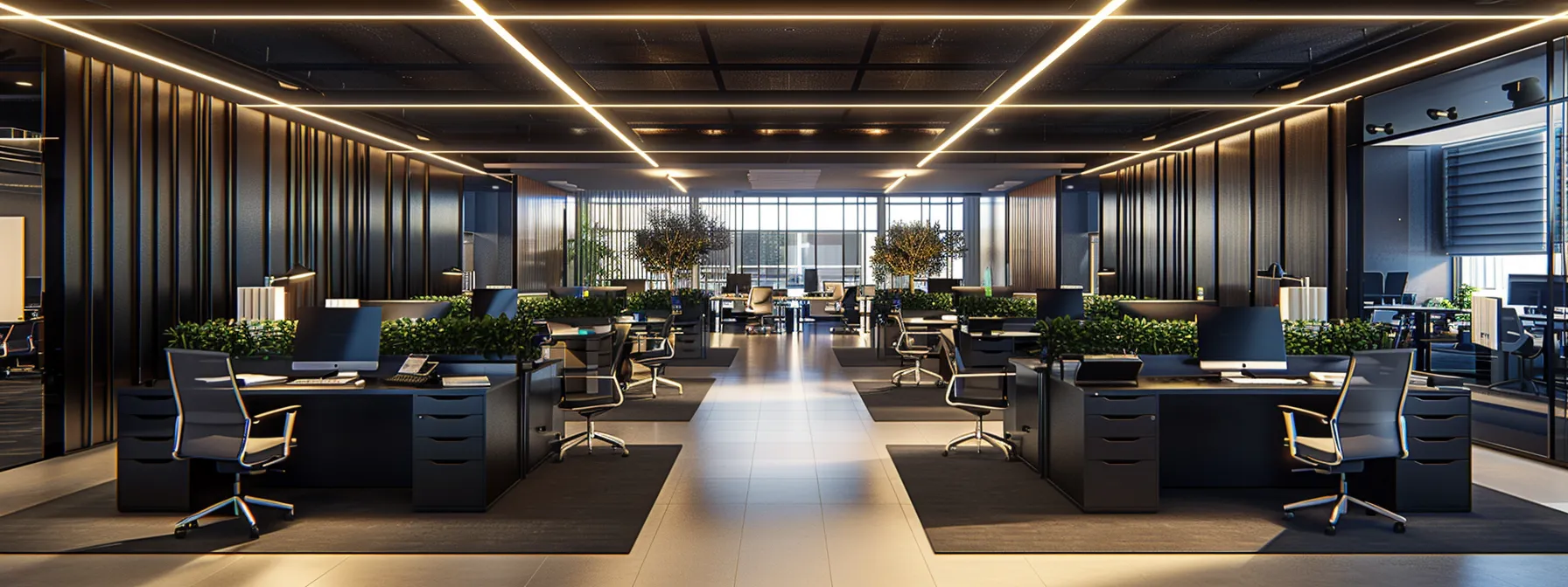 a serene office space adorned with sleek, black acoustic felt panels, creating a modern and sound-managed environment in line with leed standards.