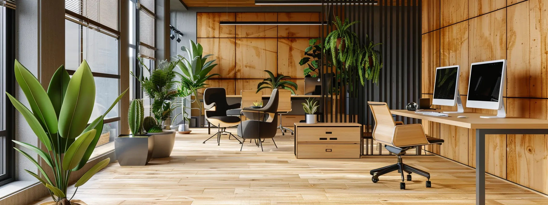 a sleek and modern office space with natural edge walls made of acoustic wood panels and metal, creating a warm and inviting atmosphere for productivity.