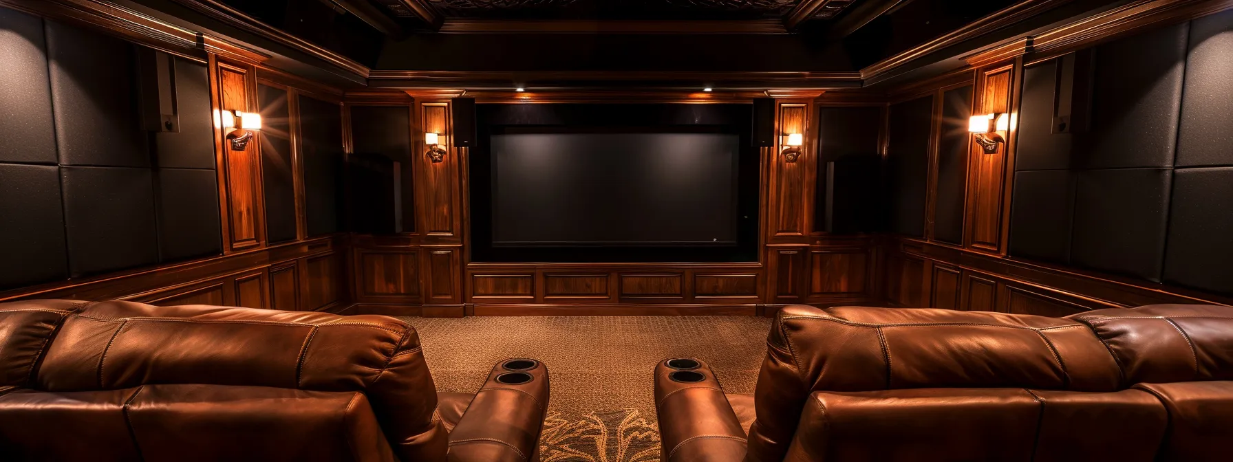 a sleek home theater adorned with decorative acoustic wood panels, enhancing sound quality and modern design.