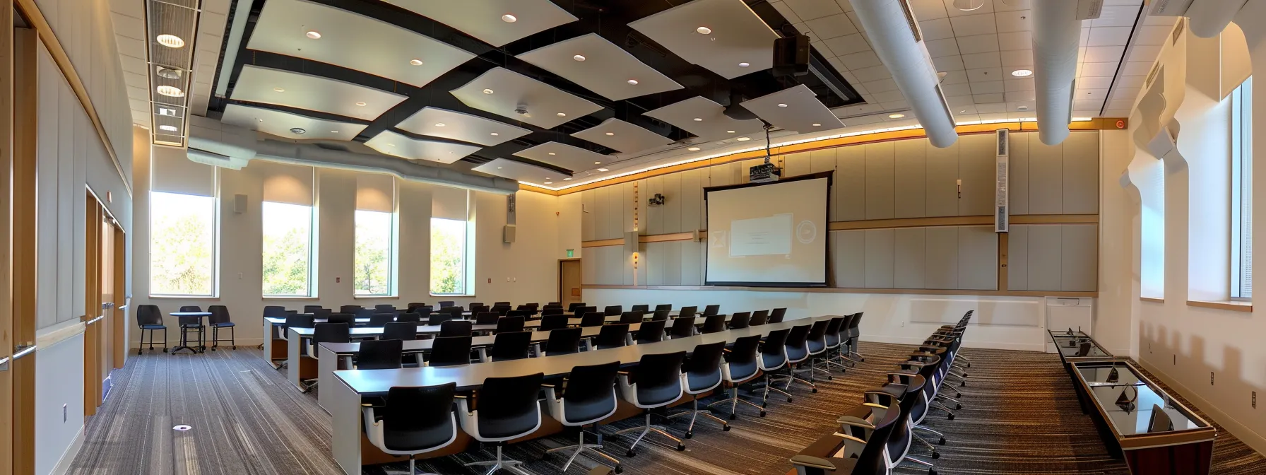 a sleek, modern conference room with strategically placed acoustic panels and baffles creating a harmonious blend of style and functionality.