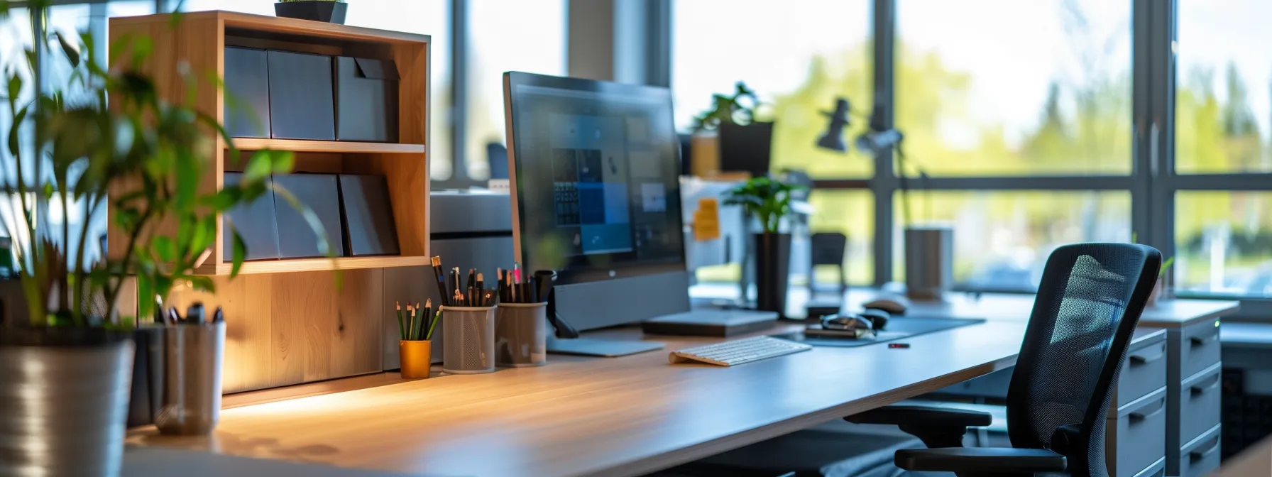 a sleek, modern desk divider attached securely to a workstation, featuring built-in shelves for computer accessories.