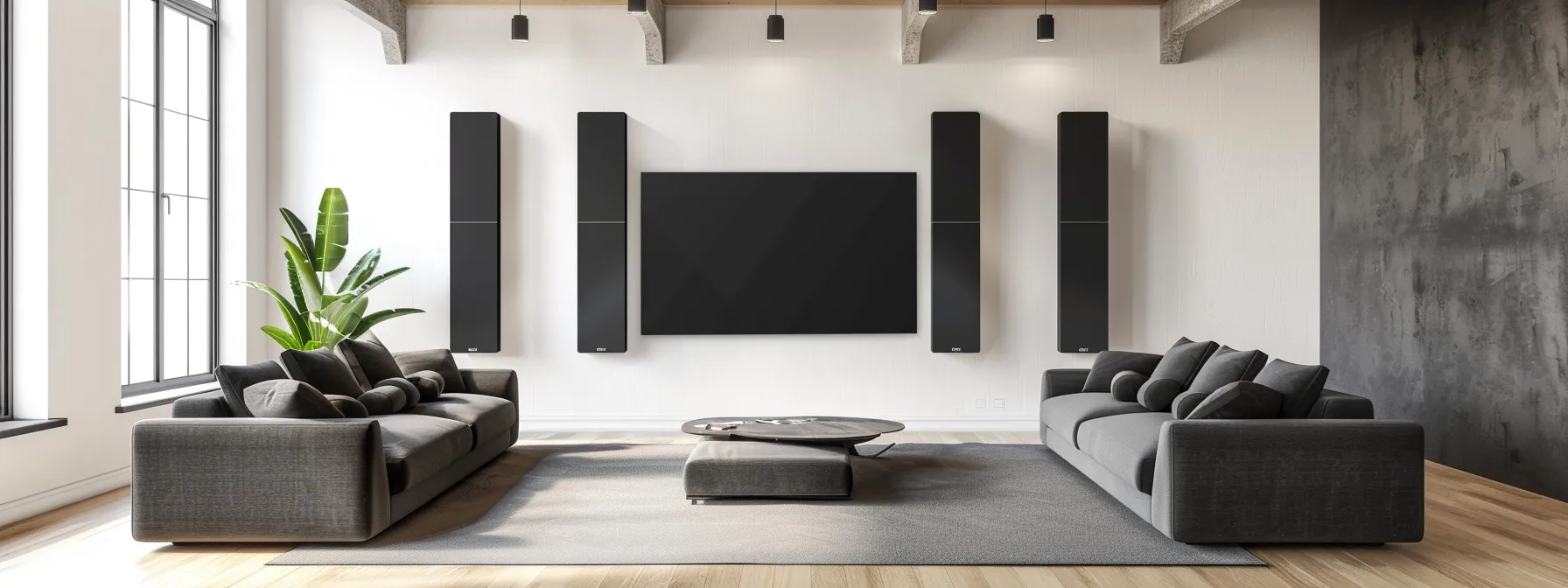 a sleek, modern living room adorned with elegant beveled acoustic panels seamlessly blending with the minimalist decor.