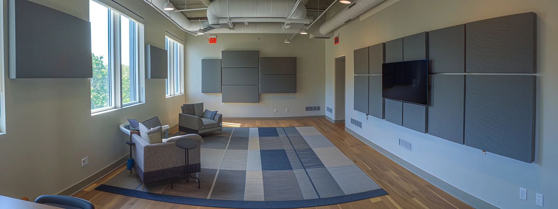 a sleek, modern office space with custom acoustic panels and sound-absorbing materials, creating a serene environment for focused work.