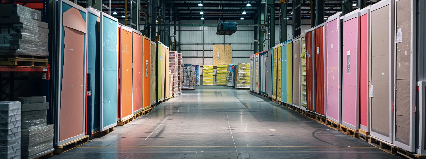 a warehouse filled with neatly labeled packages of colorful owens corning acoustic panels ready for shipping.