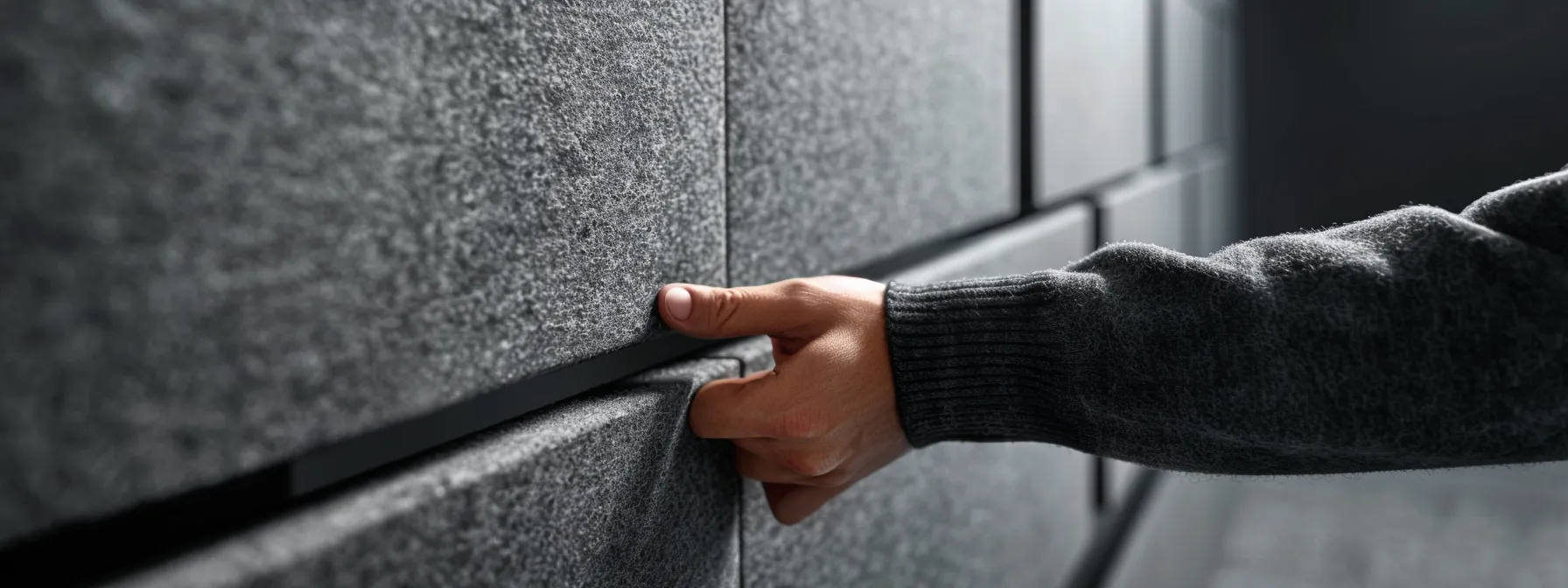 a person gently wiping clean a sleek, grey acoustic felt panel, surrounded by modern office décor and high-tech sound management tools.