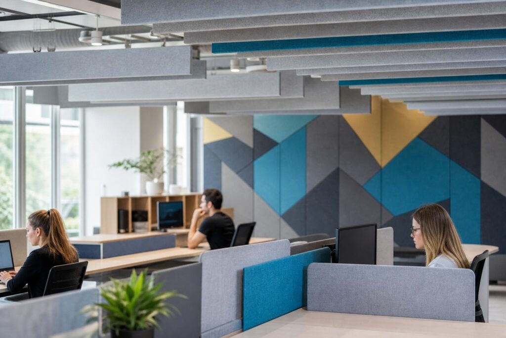 Open-plan office with acoustic ceiling baffles, felt wall tiles and fabric desk screens