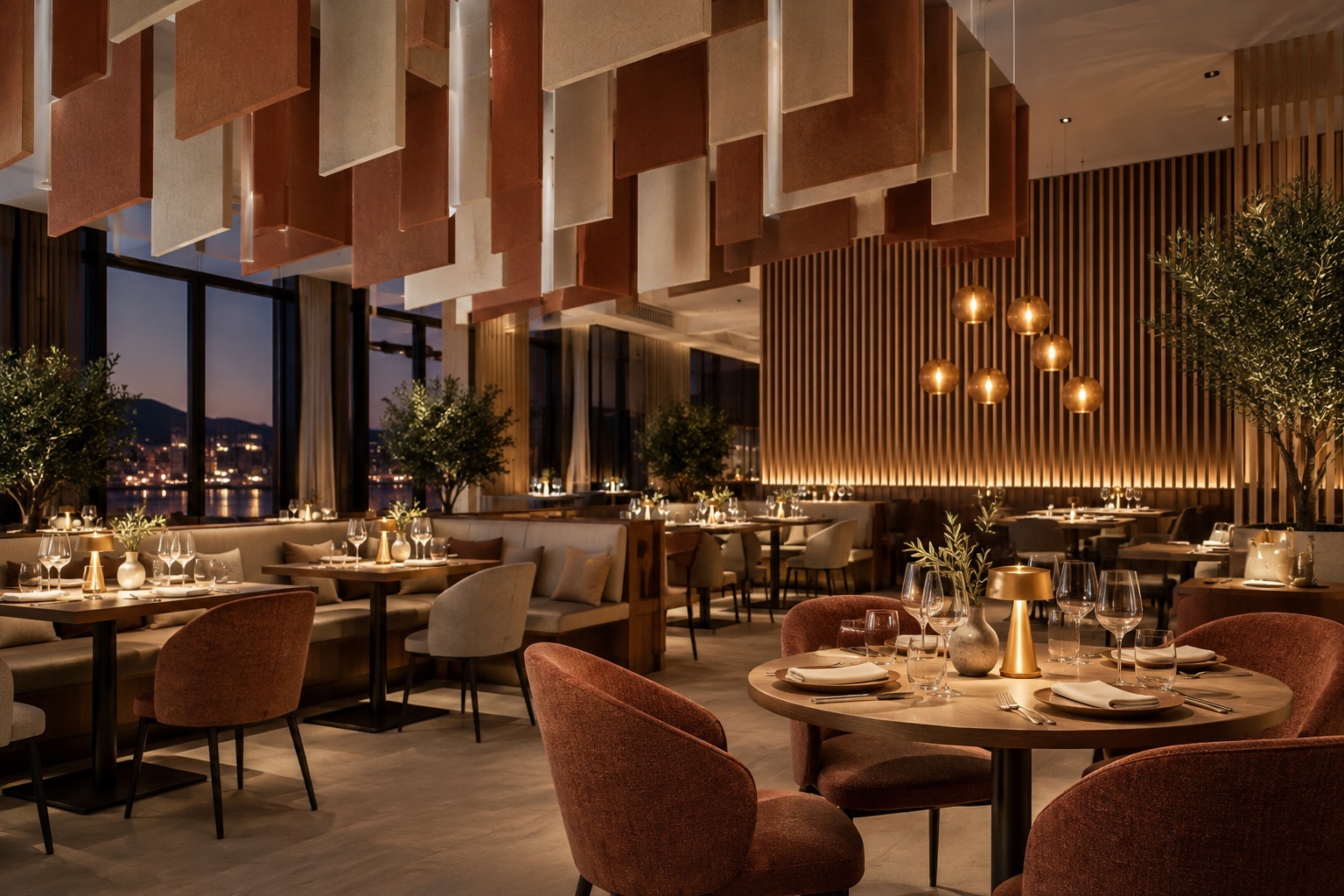Restaurant dining room with hanging acoustic felt baffles and slatted wood wall panels
